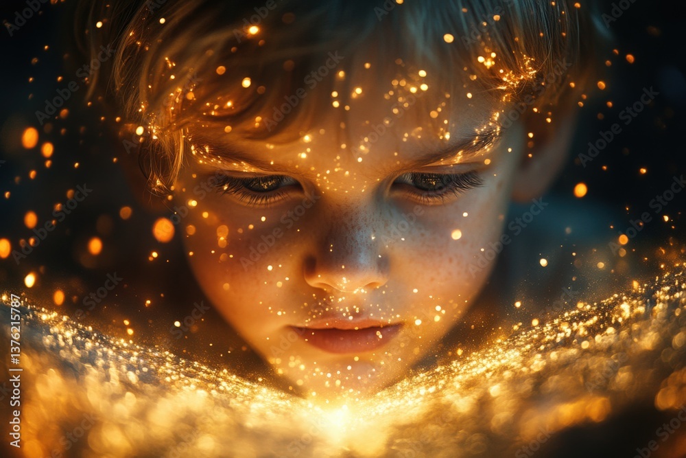 Child's face illuminated by magical golden light, appearing from below Child's face illuminated by magical golden light, appearing from below