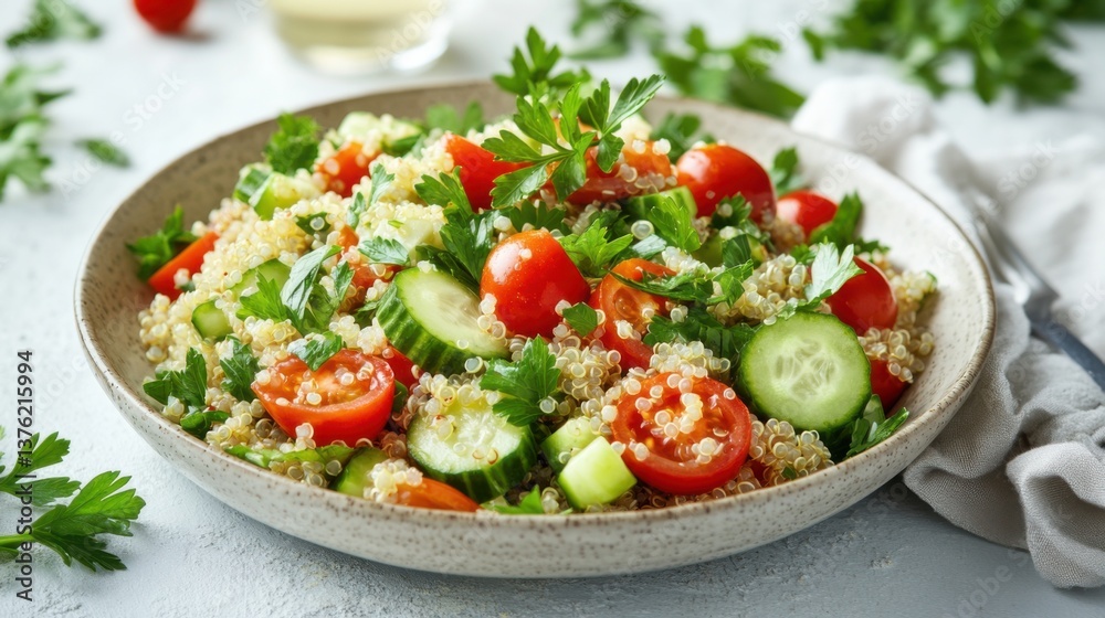 Fresh quinoa salad with cherry tomatoes, cucumbers, and parsley served in a bowl, highlighting healthy eating options Fresh quinoa salad with cherry tomatoes, cucumbers, and parsley served in a bowl, highlighting healthy eating options