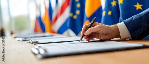 Signing an international trade agreement for global economic growth business event conference room close-up view