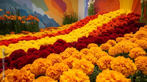 A dazzling collection of blooming marigolds in radiant shades of orange yellow and red in a flowerbed