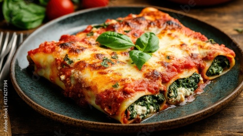 Delicious spinach and ricotta cannelloni served on a rustic plate with tomato sauce and fresh basil