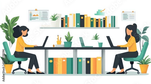 Two women working collaboratively at a desk surrounded by plants and books in a bright office