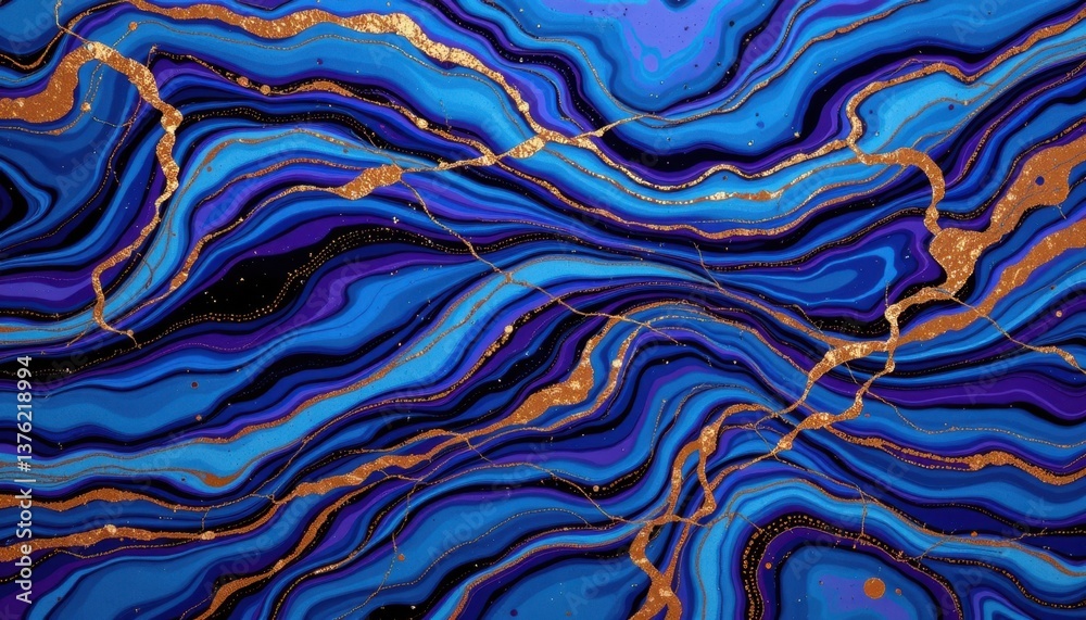 Fototapeta premium Colorful Marble Surface An abstract design mimicking marble stone with swirling patterns in deep blues, purples, and metallic accents.
