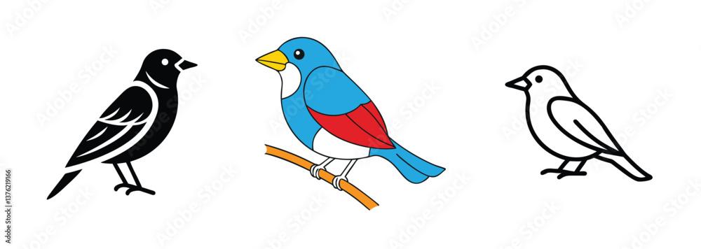 Fototapeta premium Three Bird Illustrations Black, Blue, White Avian Designs