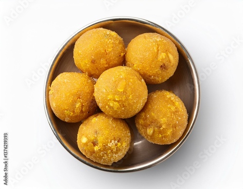  top view of Indian sweet Besan Ladoo isolated on a white transparent