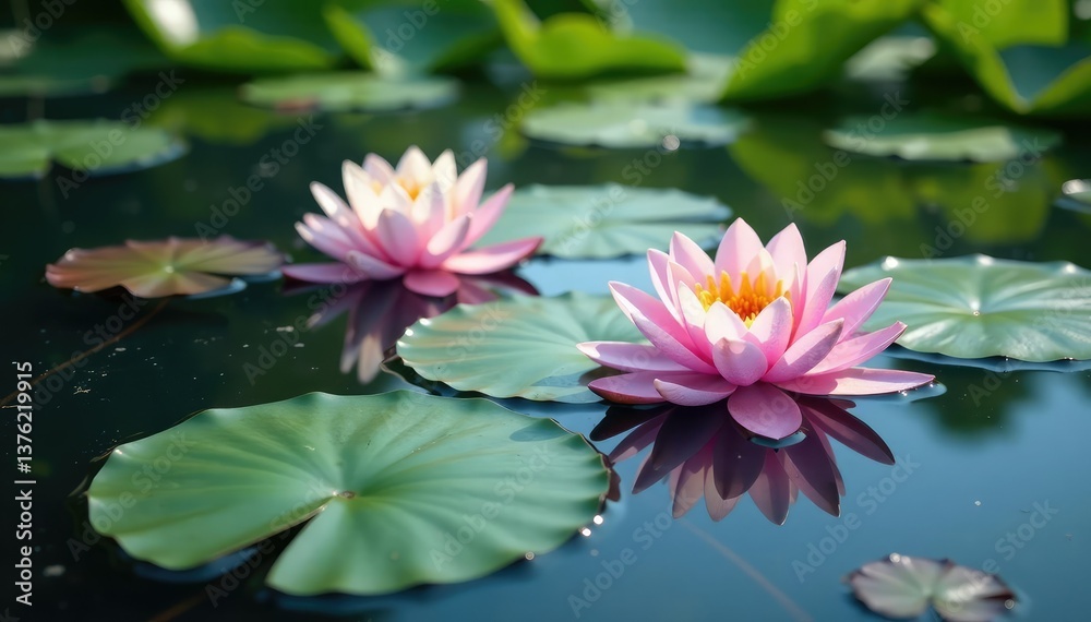 Water lilies create floral pattern on still lake water, water lilies, pink, details Water lilies create floral pattern on still lake water, water lilies, pink, details