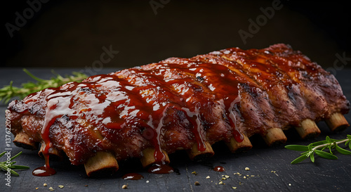 Appetizing rack of glazed ribs with a rich, dripping barbecue sauce presentation
