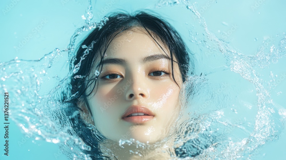 Young woman submerged in clear water creating ripples around her face during a serene moment Young woman submerged in clear water creating ripples around her face during a serene moment