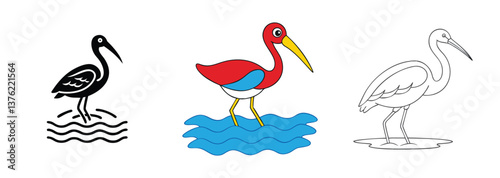 Water Birds Ibis, Heron, Coloring Page, Illustrations, Black, White, Red, Blue