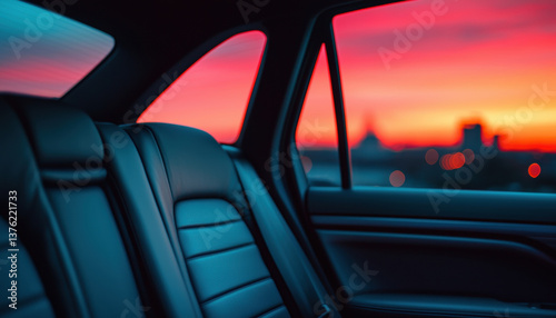 Wallpaper Mural comfortable backseat view showcasing city lights against vibrant sunset sky, creating serene and inviting atmosphere Torontodigital.ca