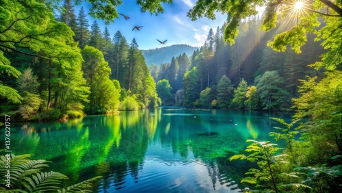 Serene forest lake reflecting sunlit canopy, birds in flight above tranquil water
