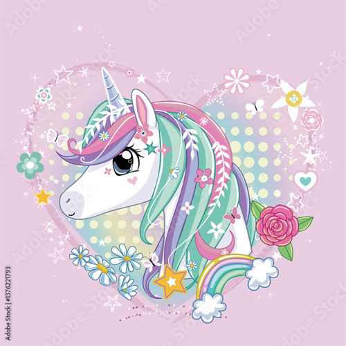 Unicorn head in heart shape.