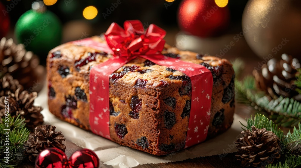 Whole fruit cake wrapped in festive paper. Whole fruit cake wrapped in festive paper.