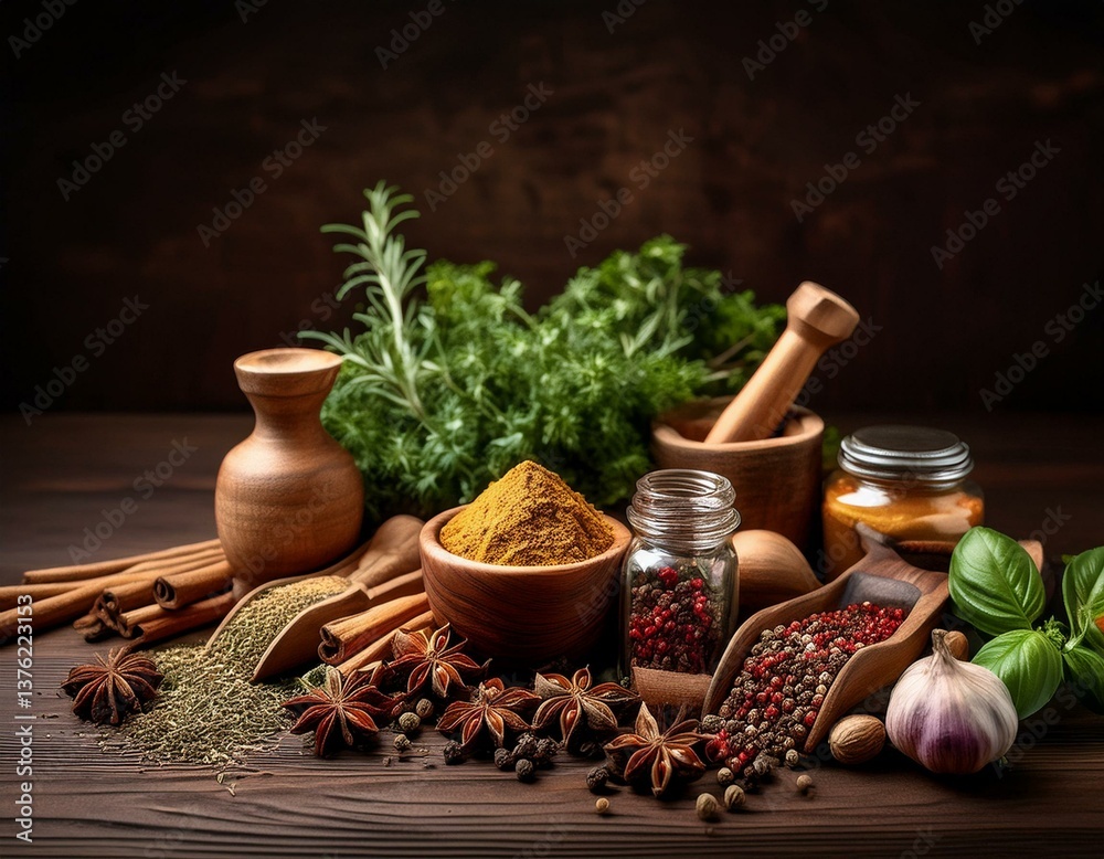 Various fragrant spices and herbs. On a wooden background. Various fragrant spices and herbs. On a wooden background.