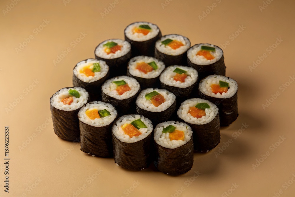 A vibrant arrangement of fresh sushi rolls, showcasing colorful fillings of salmon and avocado, neatly presented on a beige background with soft, even lighting. A vibrant arrangement of fresh sushi rolls, showcasing colorful fillings of salmon and avocado, neatly presented on a beige background with soft, even lighting.