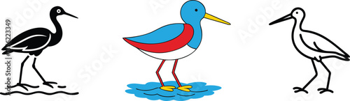 Three Wading Birds Stylized Avian Illustrations, Water, Nature