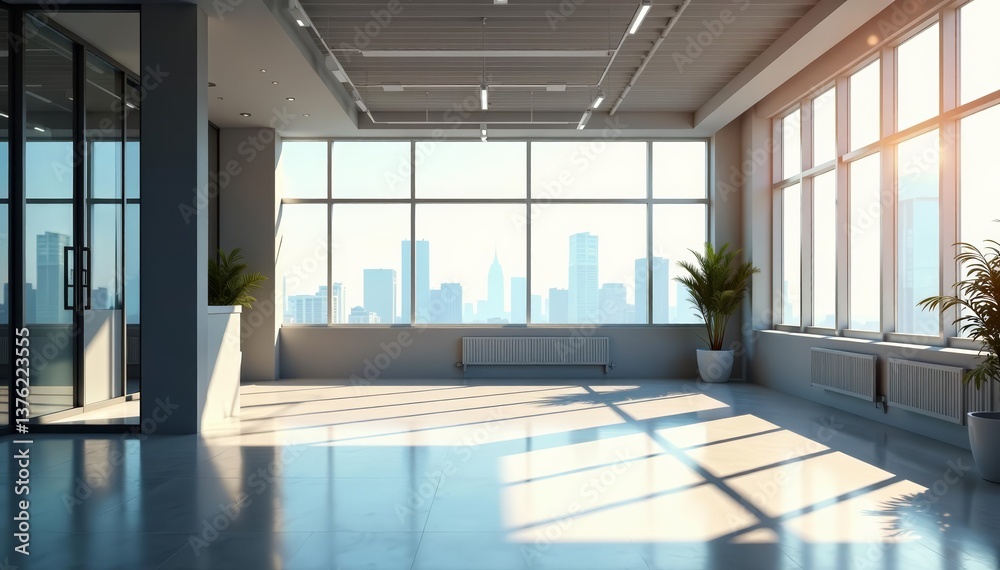 Fototapeta premium Empty office room with a large window showcasing modern interior design, empty, modern