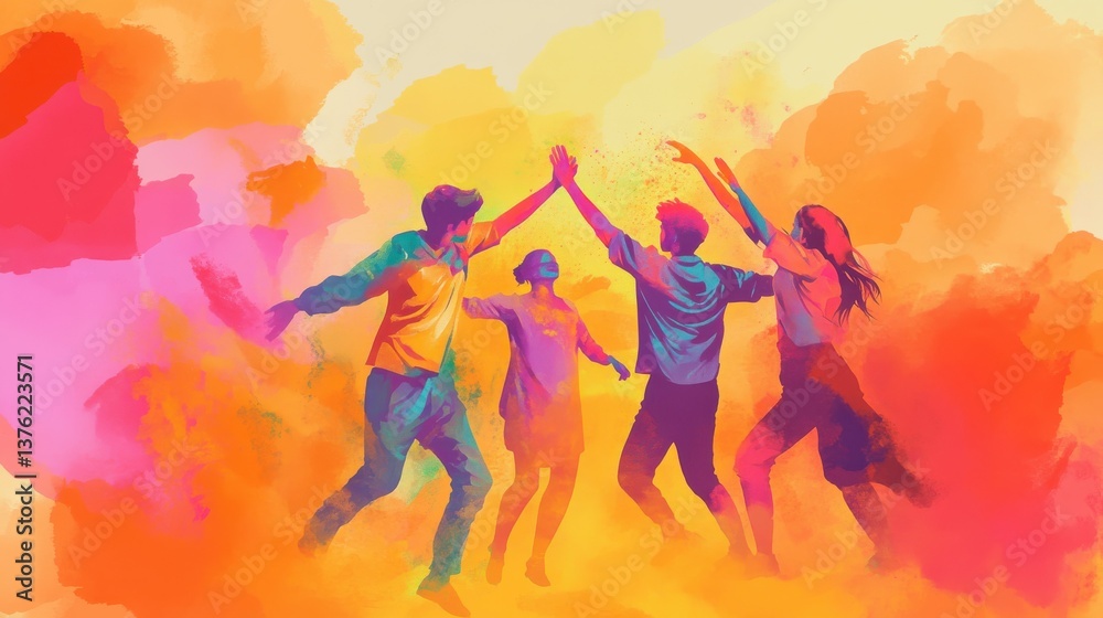 Naklejka premium happy hindu indian people celebrate holi festival by throwing colorful powder at each other, generative AI illustration