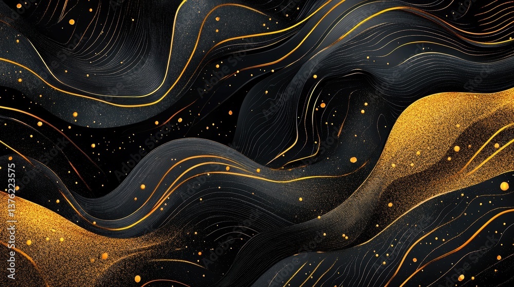 Obraz premium Luxury grain noise texture with an abstract golden flow wave on a black background. illustration