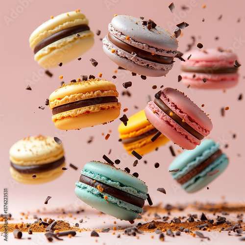 Colorful macarons floating in the air, surrounded by chocolate sprinkles, creating a delightful and vibrant scene.