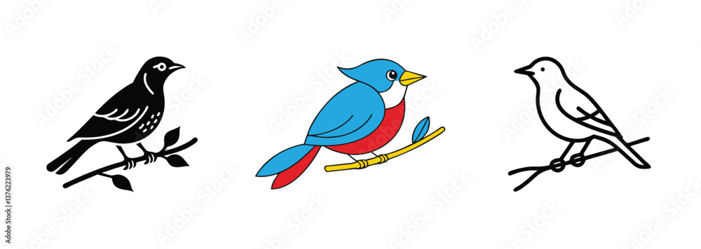 Fototapeta premium Three Birds Perched on Branches Black, Blue, White Avian Illustrations