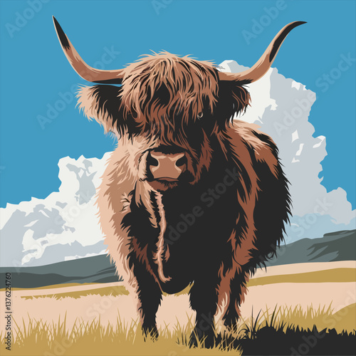 Highland Cow Portrait Against a Scenic Sky