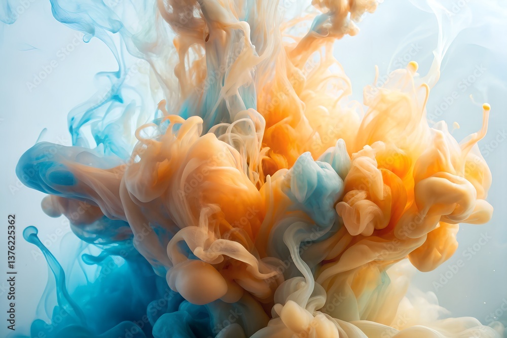 Obraz premium Pale Orange and Blue Ink Swirl - Soft Watercolor Abstract