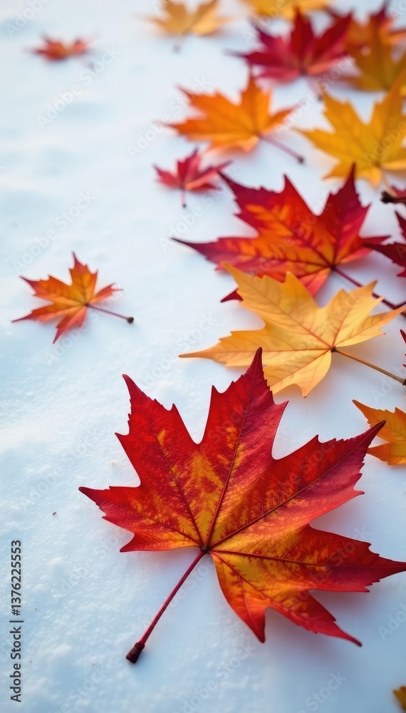 Freshly fallen maple leaves on a snowy background, leaves, autumn Freshly fallen maple leaves on a snowy background, leaves, autumn