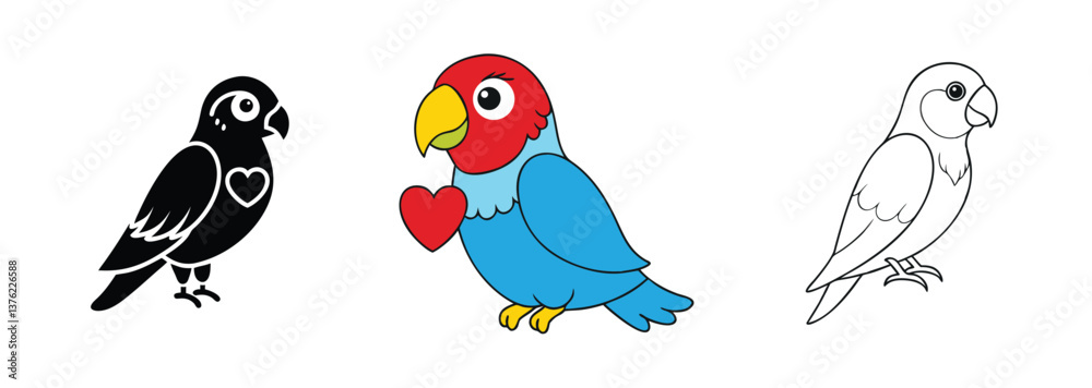 Obraz premium Adorable Lovebird Illustrations Black, Color, Outline Parrot Designs