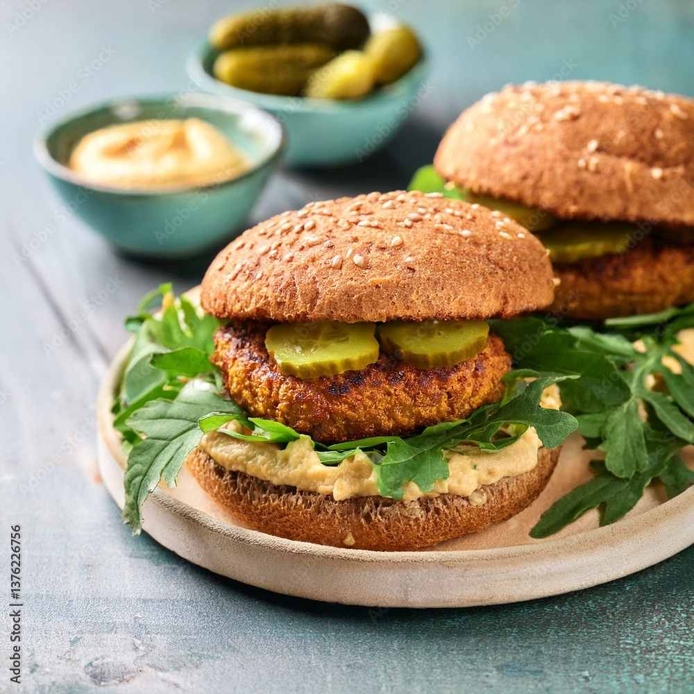 Vegan chickpeas burgers with arugula, pickled cucumbers and Vegan chickpeas burgers with arugula, pickled cucumbers and