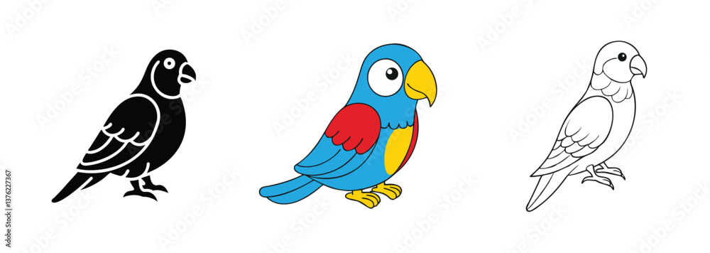Obraz premium Colorful Parrot Illustrations Black, Blue, Red, Yellow, Outline