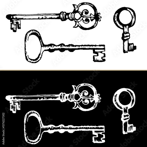 Set di chiavi antiche nere e in negativo, illustrazione vintage