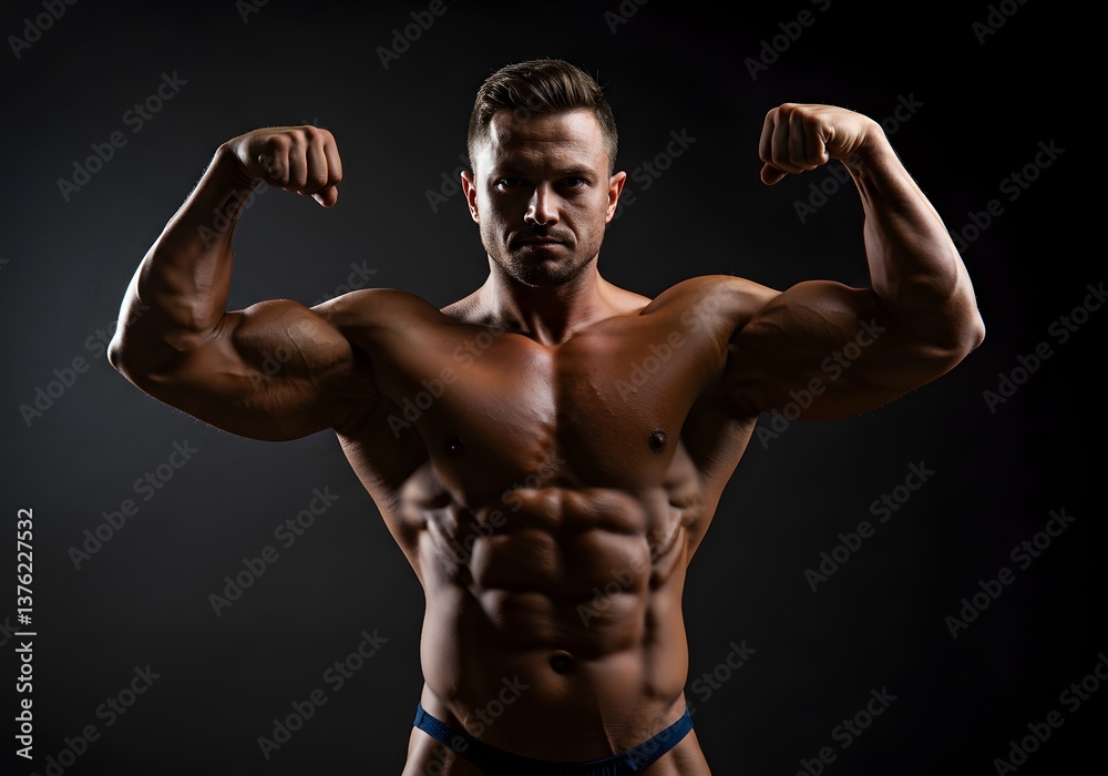 Fototapeta premium Bodybuilder Flexing Muscles, Showing Strength and Fitness, Posing, Gym Motivation, Exercise, Muscle Definition, Male, Portrait.