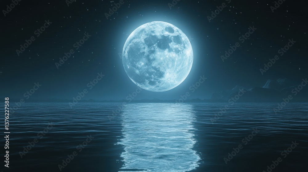 A serene night scene featuring a large, glowing moon reflecting on calm waters under a starry sky. A serene night scene featuring a large, glowing moon reflecting on calm waters under a starry sky.