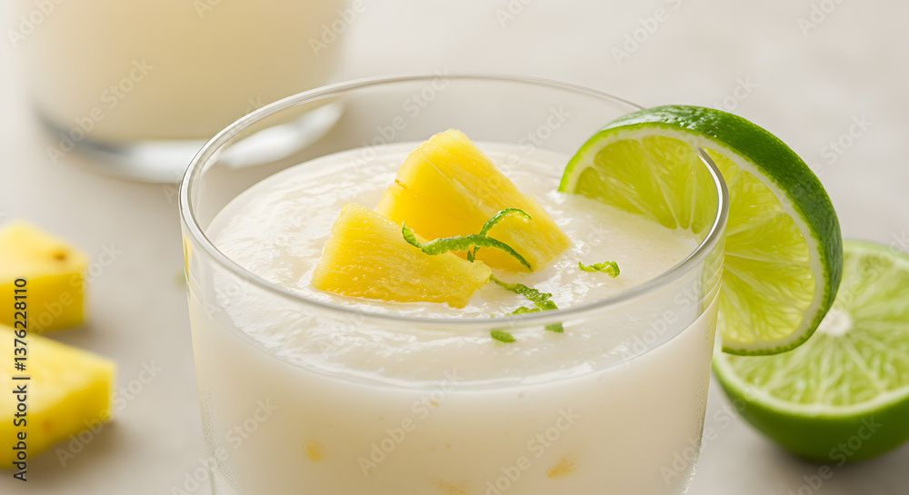 Refreshing tropical smoothie with pineapple lime and coconut water beverage Refreshing tropical smoothie with pineapple lime and coconut water beverage