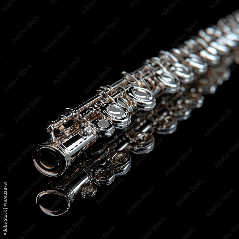 Fototapeta premium A shiny silver flute rests on a reflective surface, showcasing its intricate keys and elegant design against a dark background.