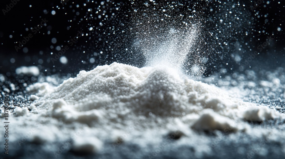 A close-up image of white powder being dispersed, creating a dynamic effect with particles illuminated against a dark background. A close-up image of white powder being dispersed, creating a dynamic effect with particles illuminated against a dark background.