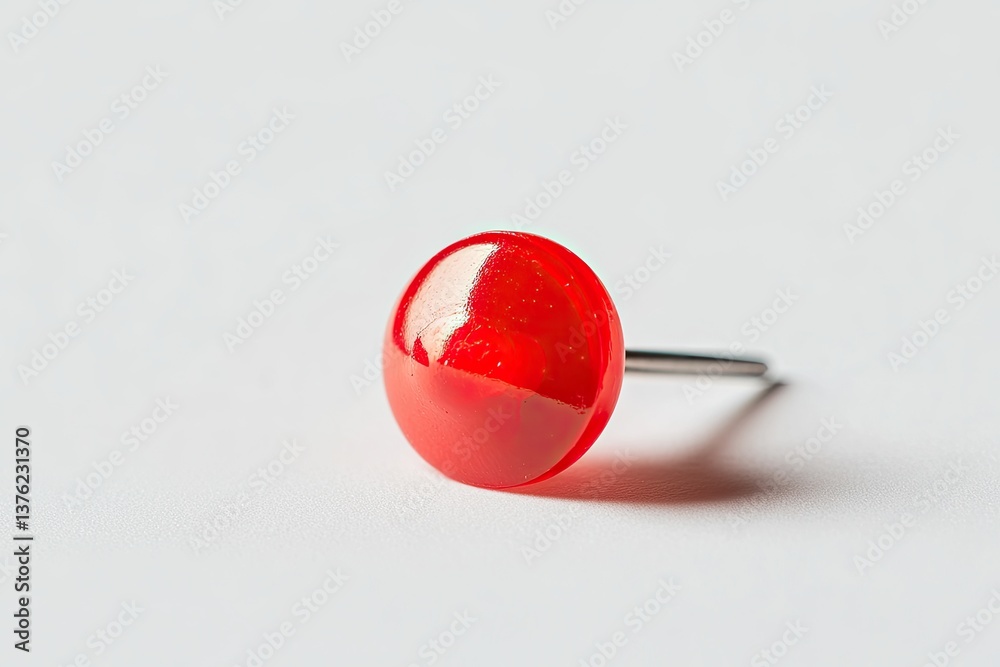 Close-up of a red push pin. The pin's head is a glossy, vibrant red circle. The pin's metal point is visible Close-up of a red push pin. The pin's head is a glossy, vibrant red circle. The pin's metal point is visible