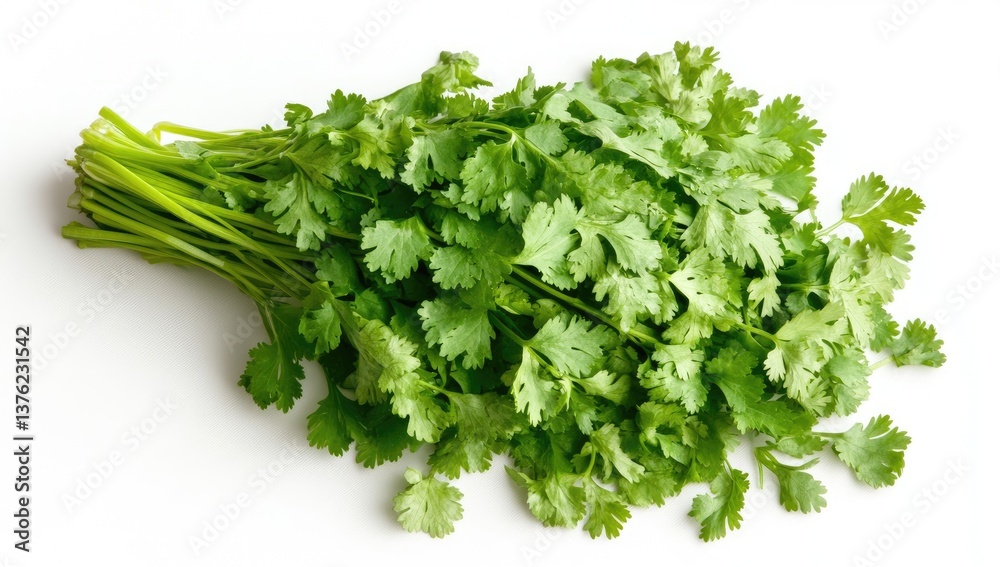 Fototapeta premium Fresh cilantro bunch. Lush green leaves, tightly clustered, displaying vibrant color and freshness