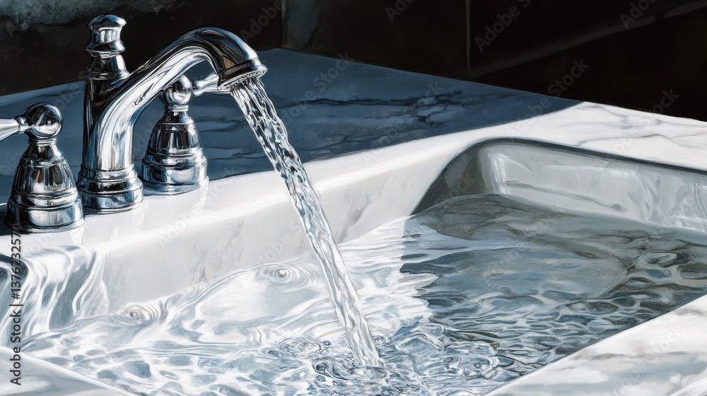 Close-up of a modern chrome faucet pouring water into a white porcelain sink. illustration Close-up of a modern chrome faucet pouring water into a white porcelain sink. illustration