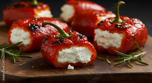 Delicious navarrese piquillo peppers filled with creamy goat cheese delicacy