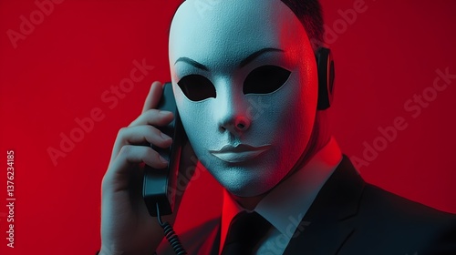 Man in dark suit wearing white mask making suspicious phone call, concept of scammer identity, phone fraud, and anonymous caller deception.