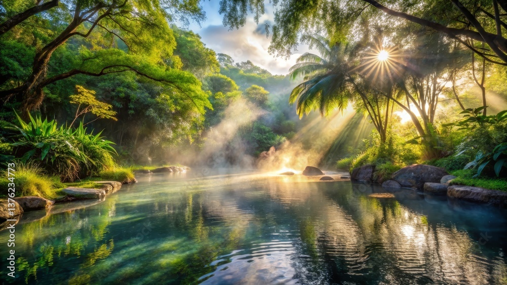 Serene Sunrise Over a Misty, Tropical Pool Reflecting Golden Sunlight Through Lush Foliage Serene Sunrise Over a Misty, Tropical Pool Reflecting Golden Sunlight Through Lush Foliage