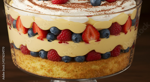 Delicious summer berry trifle with creamy custard and whipped topping dessert