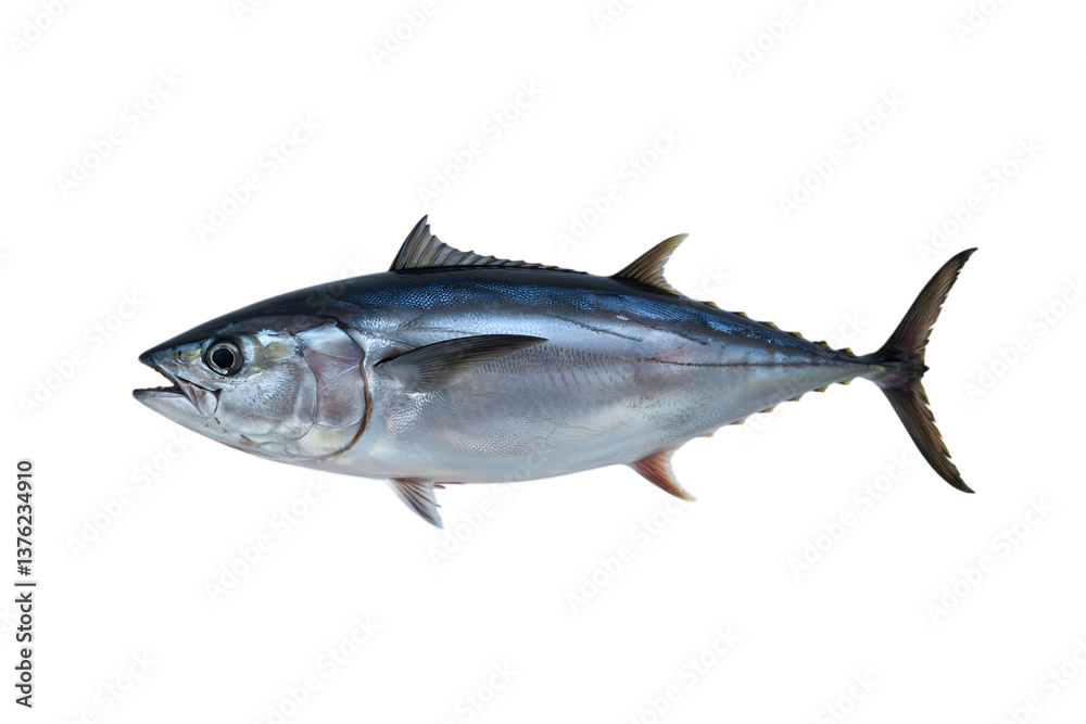 Obraz premium Ocean's Bounty: A solitary tuna fish, captured in a sharp, high-angle shot, highlighting its streamlined form and aquatic adaptations, showcasing the underwater world.
