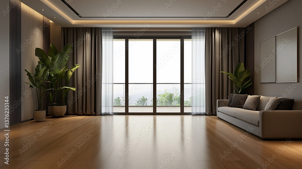 Obraz premium Elegant open living space with floor-to-ceiling windows and natural accents