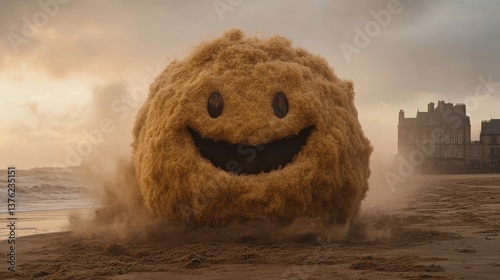 A smiling sand creature emerges from the ocean, rolling towards a coastal town.  A surreal and slightly unsettling scene.