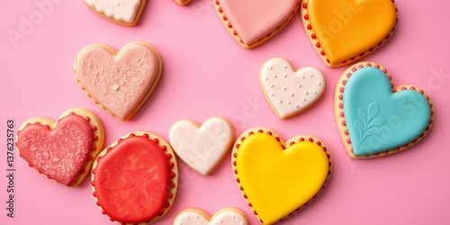 Flat lay of heart-shaped cookie cakes on pink background, composition, cute