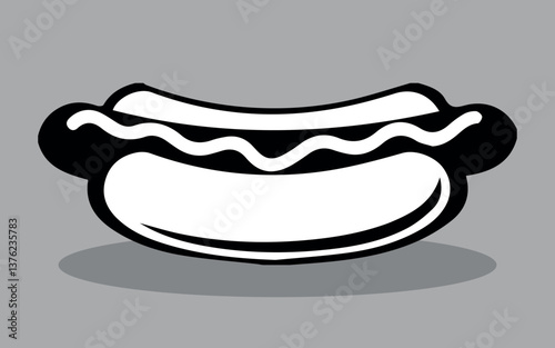 Cartoon Hot Dog with Simple Black and White Design. A black and white digital illustration of a hot dog, emphasizing its bold and minimalistic style with a classic bun and sausage.