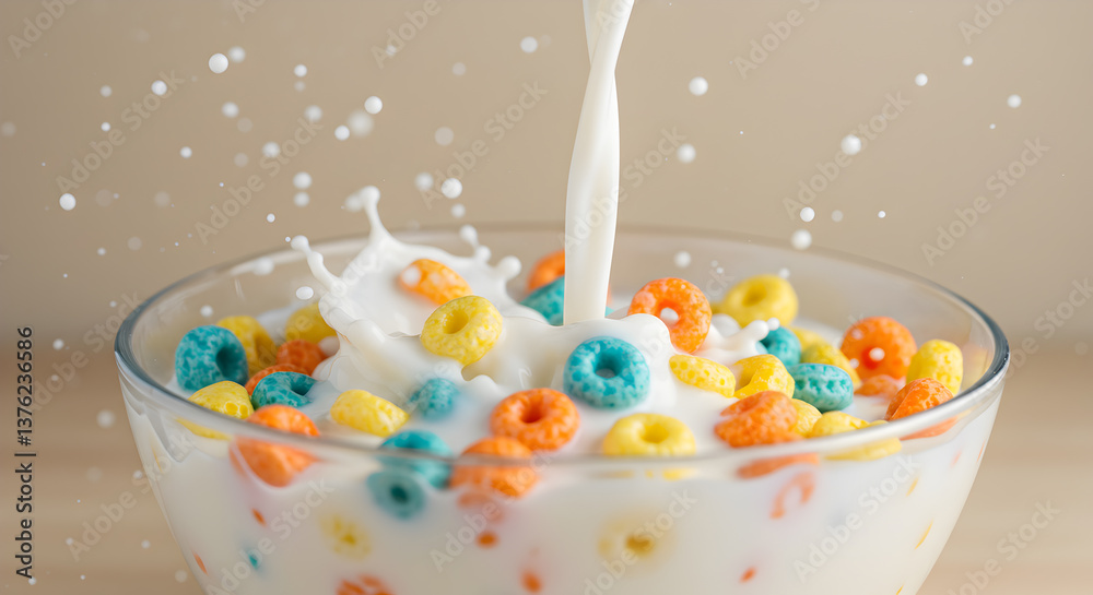 Dynamic splash of milk over vibrant loop cereal in a clear bowl close up view Dynamic splash of milk over vibrant loop cereal in a clear bowl close up view